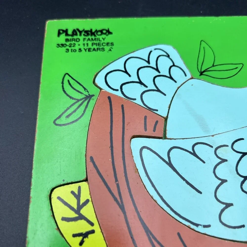 Vtg 70s PLAYSKOOL BIRD FAMILY 330-22 wood puzzle Green